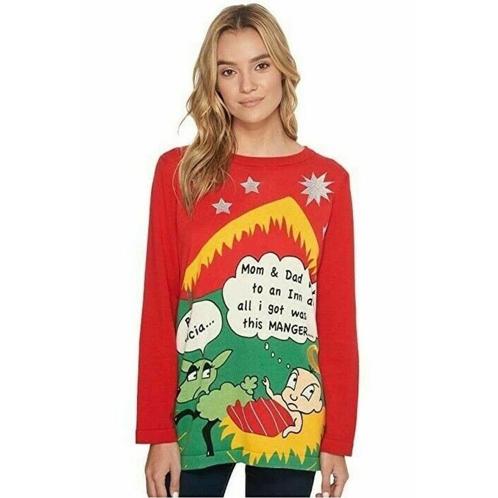 Whoopi Unisex Red Crew-Neck Long-Sleeve Christmas Pullover Sweater Size S